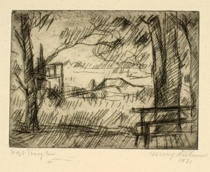 View Over Water from a Shaded Path with a Bench by Henry Nielsen