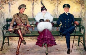 Girl on bench, with soldier and sailor on either side by Henry Stephen Ludlow