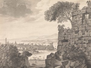 Landscape with Ruins in the Foreground, Harbor and Village, in Background by Henry Swinburne
