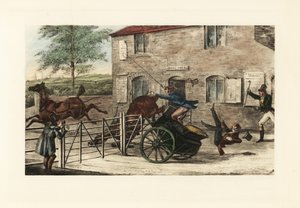 English Gentlemen in a Two-Horse Gig Trying to Jump a Toll Gate by Henry Thomas Alken