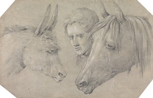 Head of a Stable Lad, Looking Between the Heads of a Horse and a Donkey by Henry Thomas Alken
