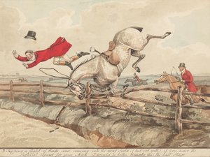 Qualified Horses and Unqualified Riders: Topping a Flight of Rails by Henry Thomas Alken
