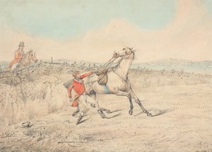 Rider Holding on to a Gray Horse After a Fall by Henry Thomas Alken