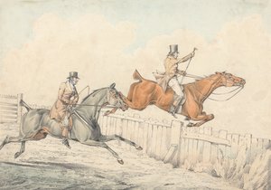 Two Riders Jumping a Wooden Fence by Henry Thomas Alken