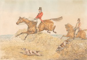 Two Riders and a Couple of Hounds Clearing a Wall by Henry Thomas Alken