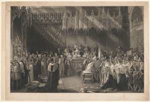 Coronation of Queen Victoria of England. After George Hayter, with address of Graves and Warmsby. Woodcut sketch and legend included