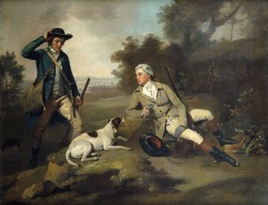 A Gentleman Reclining with a Gun and Dog and his Gamekeeper Standing Nearby by Henry Walton