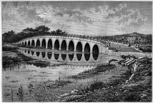 Bridge with 17 arches on Lake Kunming at the Ete Palace near Peking in the 19th century. Engraving after a drawing by Catenacci, after a photograph by Thomson, in Le Tour du Monde, Nouveau journal des Voyages by Hercule (after) Catenacci