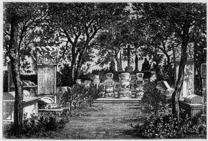 Sepultures of Jesuit Matteo Ricci and Adam Schall von Bell in Beijing in the years 1870. Engraving after a drawing by Catenacci, after a photograph by Thomson, in “Le Tour du Monde, Nouveau journal des Voyages”, edited by Edouard Charton
