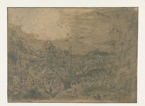 Rocky Landscape with a Man Walking to the Right (First Version)