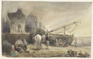 Beach Scene with Boats and Fishermen