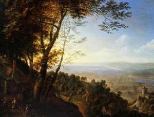A wooded landscape with peasants by a cottage by Herman the Younger Saftleven