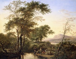 An Extensive Italianate River Landscape with Travellers by a Pool by Herman the Younger Saftleven