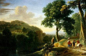 An Italianate landscape with travellers and a donkey, c.1640