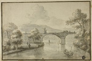River with Arched Bridge and Boat by Herman van Swanevelt