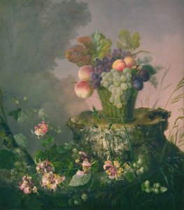 Flower Basket with Fruit by a Tree Stump by Hermania Neergaard