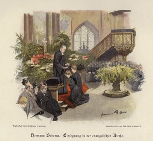 Confirmation Service in an Evangelical Church (coloured engraving) by Hermann Behrens