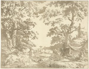 Arcadian Landscape with Janus Statue by Hermanus Fock