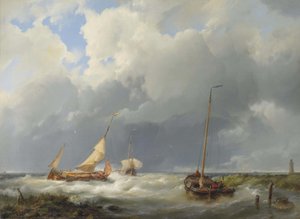 Coastal Scene with Fishing Vessels by Hermanus Koekkoek