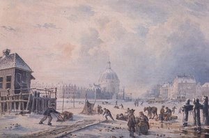 Figures on a Frozen Canal, Amsterdam by Hermanus Koekkoek