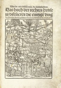 Title page, illustrating herbal distilleries with figures in a landscape