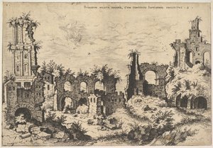 View of ruins on the Palatine Hill with trabeated facade at left and arcades at center by Hieronymus Cock