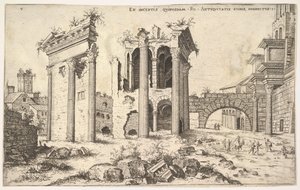 View of unidentified ruins with trabeated facade at left, arcades at center, and arch at right