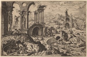 Saint Jerome in a Landscape with Ruins by Hieronymus Cock after Maerten van Heemskerck