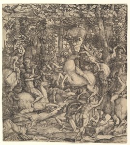 Battle between cavalry and infantry in a wood by Hieronymus Hopfer