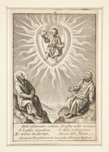 The Infant with a Flaming Heart Between Ignatius of Loyola and Francis Xavier by Hieronymus Wierix