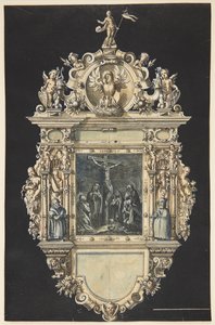 Draft for an Epitaph with the Crucifixion of Christ. A Richly Ornamented Frame with Numerous Figures by Hieronymus Wierix