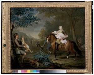 A Gentleman on Horseback with Huntsmen in an Extensive Landscape by Hieronymus van der Mij
