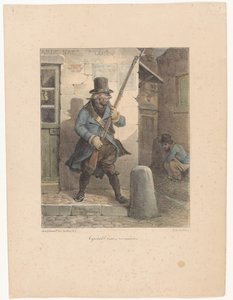 Soldier Calling Corporal, Who is Relieving Himself on the Street (series title: Lithographic Sketches) by Hippolyte Bellange