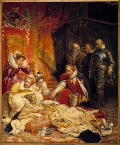 The death of Elizabeth I, Queen of England in 1603. Queen Elizabeth died of depression and illness on 24/03/1603, surrounded by her courtiers. Painting by Paul Delaroche