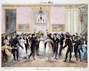 Societe ball in Paris at the store of crayons Conte, place du palais royal in February 1819 by Hippolyte Lecomte