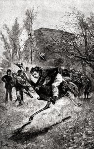 The young Service is riding on an ostrich. Engraving