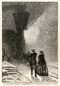 An enormous shadow, preceded by a flickering yellow glare, from Around the World in Eighty Days by Jules Verne, engraved by Adolphe François Pannemaker, 1873 by Hippolyte Leon after Benett
