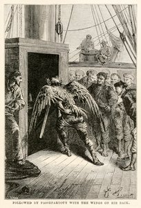 Followed by Passepartout with the wings on his back, from Around the World in Eighty Days by Jules Verne, engraved by Adolphe François Pannemaker, 1873 by Hippolyte Leon after Benett