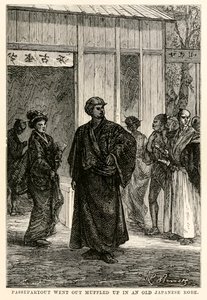 Passepartout went out muffled up in an old Japanese robe, from Around the World in Eighty Days by Jules Verne, engraved by Louis Prevost, 1873 by Hippolyte Leon after Benett