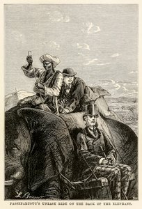 Passepartouts uneasy ride on the back of the elephant, from Around the World in Eighty Days by Jules Verne by Hippolyte Leon after Benett