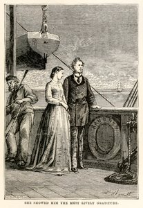 She showed him the most lively gratitude, from Around the World in Eighty Days by Jules Verne by Hippolyte Leon after Benett