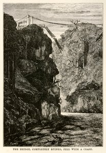 The bridge, completely ruined, fell with a crash, from Around the World in Eighty Days by Jules Verne, engraved by Louis, 1873