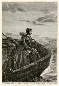 The young woman, sitting in the stern, was lost in contemplation, from Around the World in Eighty Days by Jules Verne by Hippolyte Leon after Benett