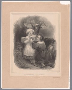 Two Children with a Goat Drinking Goat Milk