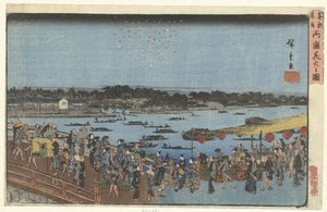 Fireworks at the Ryogoku Bridge by Hiroshige (I) , Utagawa