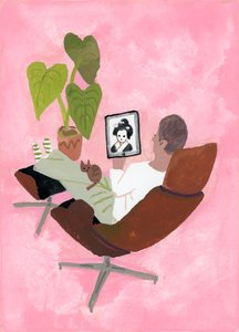 A man watching geisha girl on the iPad 2017 by Hiroyuki Izutsu