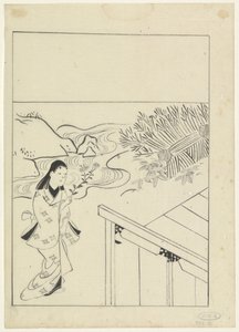 Landscape with a Woman Holding a Branch of Flowers by Hishikawa Moronobu