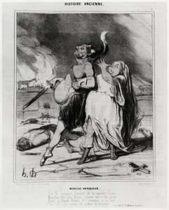 Ancient story: Menelas winner, caricature to illustrate an excerpt from the Iliad of Homer: 