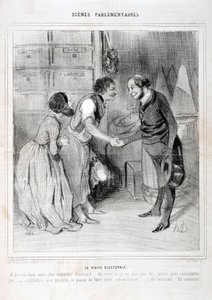 Artwork by Honore Daumier Charivari dates from 1843: Serie SCENES PARLIAMENTARY. The election visit by Honoré Daumier