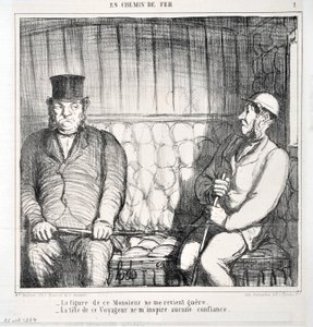 Artwork by Honore Daumier (1808-1879). Charivari dates from 1864: Serie LES CHAINS DE RAILWAY -The figure of this gentleman does not come back to me. - the head of this traveler inspires me no confidence MUSEE DES BEAUX ARTS - PALAIS LONGCHAMP, MARSEILLE